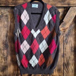 Benetton Italy Argyle Lambswool Sweater Vest Mens V Neck Preppy